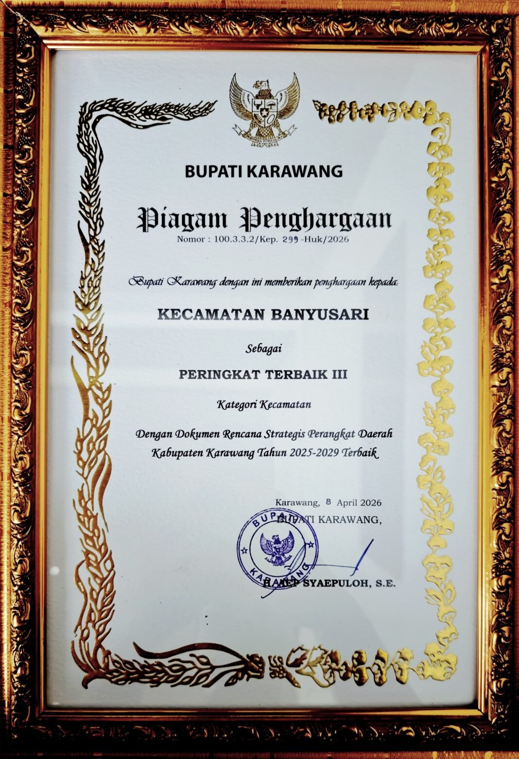 Camat Banyusari Bangga Atas Penghargaan dari Bupati Karawang peringkat Terbaik III