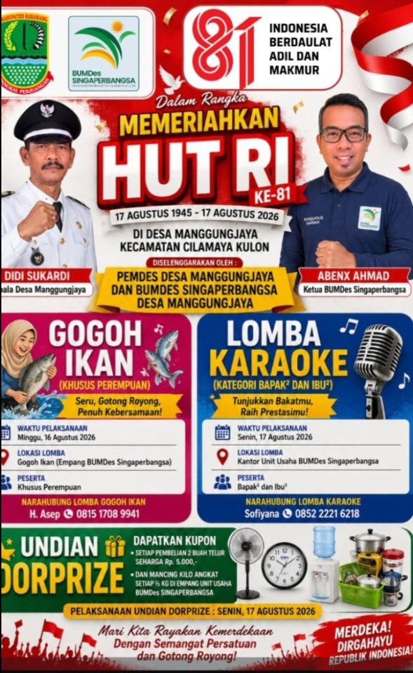 Meriahkan HUT RI ke-81, Pemdes Manggungjaya dan BUMDes Singaperbangsa Siapkan Gogoh Ikan hingga Karaoke