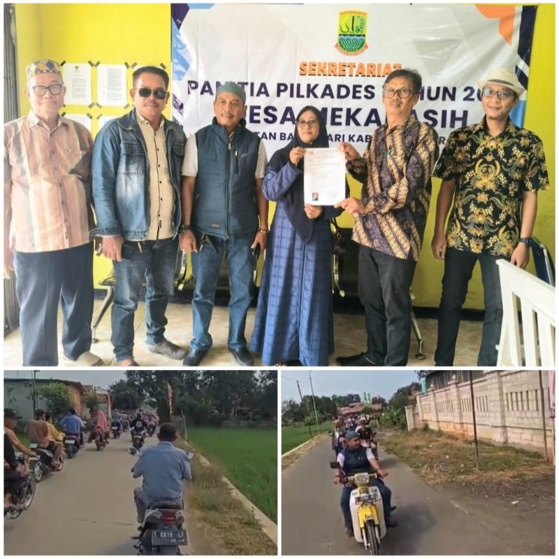 Hj.Iyos Resmi Mendaftar Pilkades Mekarasih, Diantar Iring-iringan Massa Pendukung