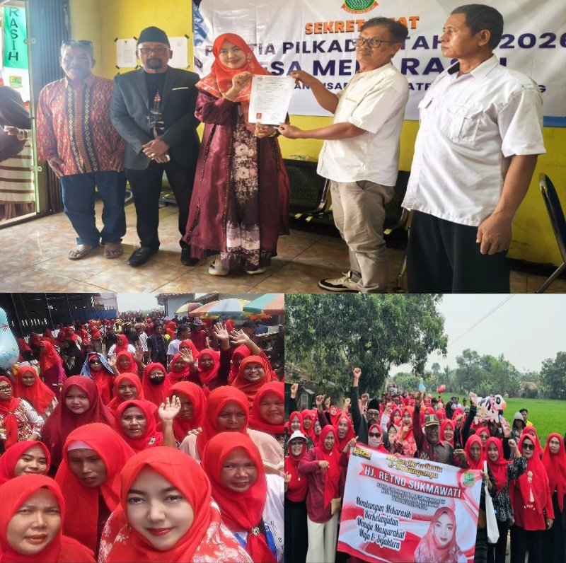 Diiringi Solawat dan Teriakan “Hidup Hj. Retno!” Kerudung Merah Penuhi Jalan, Ratusan Pendukung Antar Hj. Retno Sukmawati Daftar Pilkades Mekarasih
